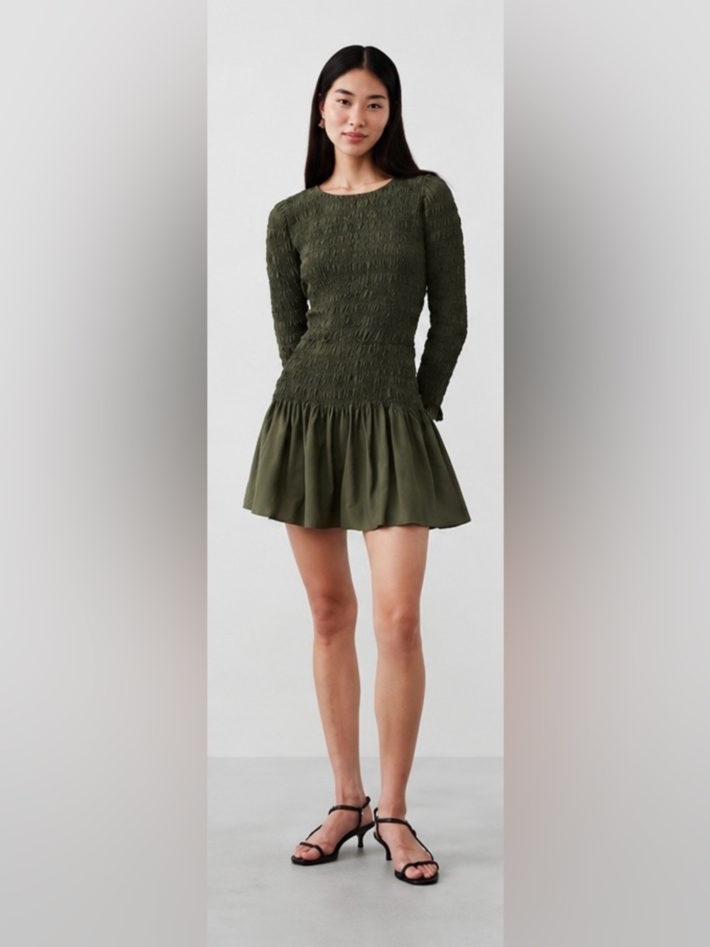 Banana Republic Factory Olive Smocked Long-Sleeve Mini Dress